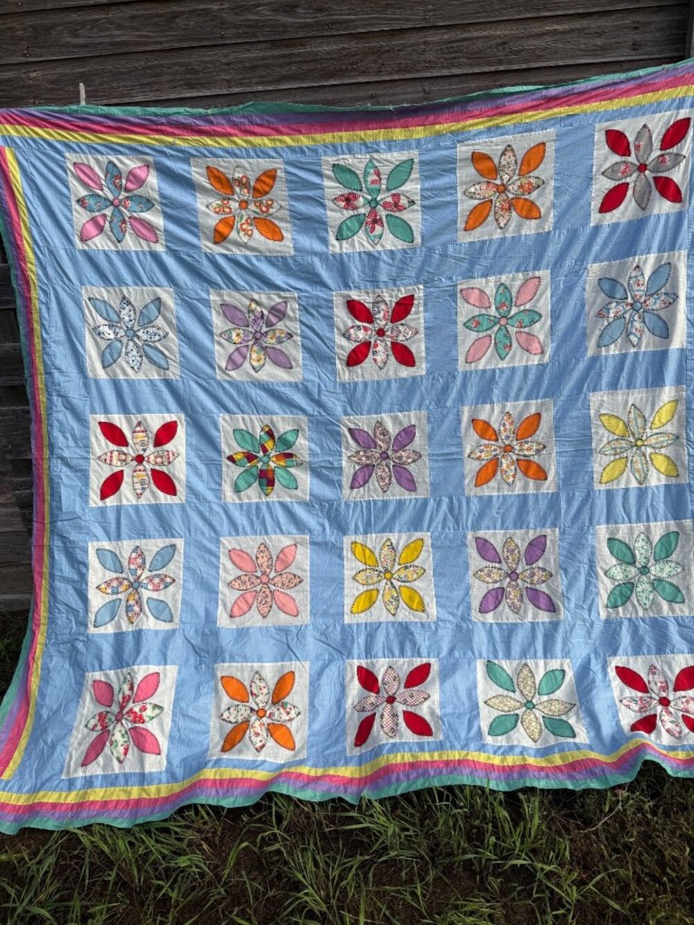 Vintage 70's Quilt Topper Cotton Applique Flowers Traced Unfinished Embroidery